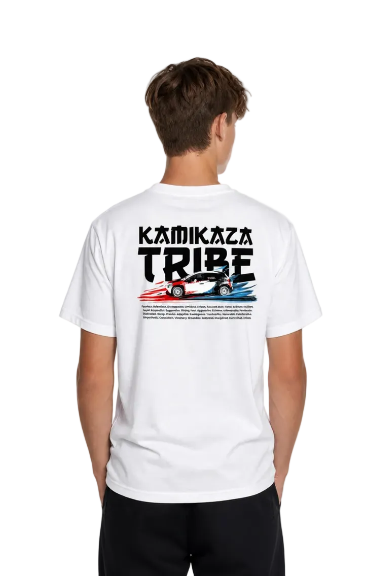 Person wearing a white t-shirt with 'Kamikazza Tribe' design on the back.