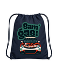 Navy blue drawstring bag with cartoon car and text design on a white background